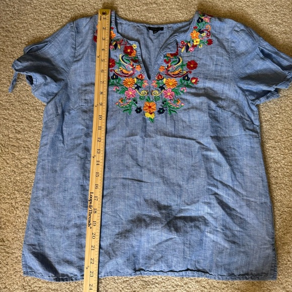 Talbots Sz S Darling Boho Folk Bird Embroidered Chambray Linen Blouse Shirt Top - Picture 8 of 12